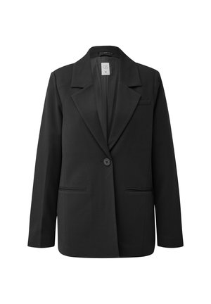 Blazer negro con solapa muesca, cierre de un solo botón, dos bolsillos frontales y una textura de tela suave. Sin patrones visibles ni adornos.