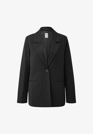 Schwarzes Blazer mit Reverskragen, einreihigem Knopfverschluss, zwei vorderen Taschen und einer glatten Stofftextur. Keine sichtbaren Muster oder Verzierungen.