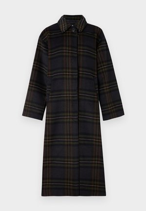 Cappotto a quadri neri e verdi con taglio dritto, colletto, chiusura a bottoni e maniche lunghe. Realizzato in tessuto testurizzato con due tasche laterali.