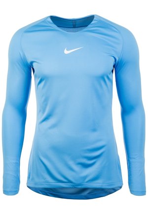 T-shirt de sport à manches longues bleu clair avec col rond et logo Nike swoosh blanc centré sur la poitrine.