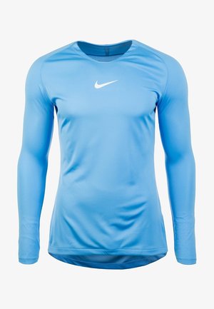 T-shirt de sport à manches longues bleu clair avec col rond et logo Nike swoosh blanc centré sur la poitrine.