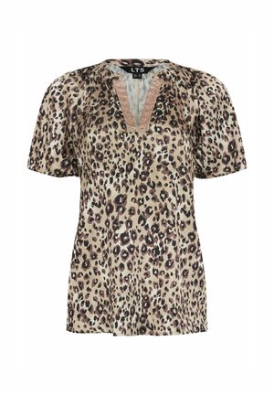 Kurzärmelige Bluse mit Leopardenmuster, V-Ausschnitt und dezentem Spitzensaum am Halsausschnitt, lockere Passform.