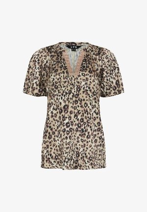 Kurzärmelige Bluse mit Leopardenmuster, V-Ausschnitt und dezentem Spitzensaum am Halsausschnitt, lockere Passform.