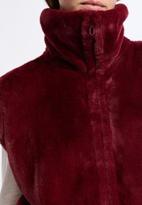 Gilet in pelliccia sintetica bordeaux con colletto alto e chiusura con zip. Texture morbida e finitura liscia, caratterizzato da un design strutturato.