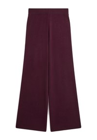 Pantalons large en bordeaux profond, fabriqués dans un tissu doux et extensible, dotés d'une taille lisse et sans fermetures visibles.