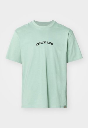 Light green cotton t-shirt featuring a black curved "DICKIES" logo on the front. Classic crew neck and short sleeves. Minimalist design.