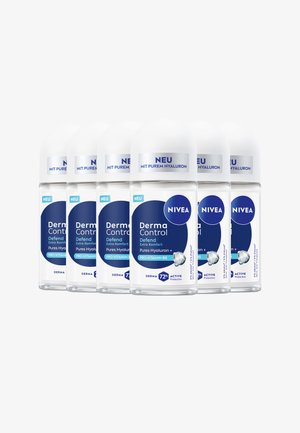 Six Nivea Derma Control roll-on deodorants in transparent bottles, white caps, featuring blue labels with text and product details.