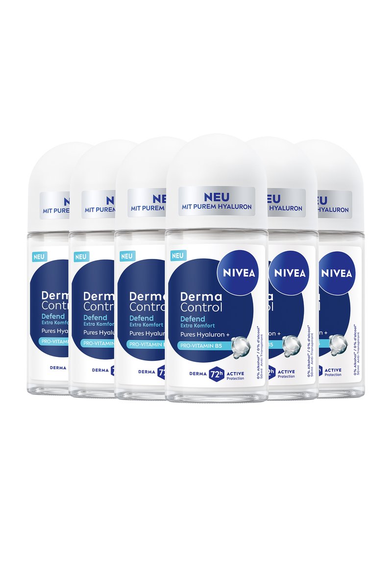 Six Nivea Derma Control roll-on deodorants in transparent bottles, white caps, featuring blue labels with text and product details.