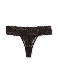 String noir en dentelle avec un motif floral et une large ceinture en dentelle décorative. Offre une couverture minimale et un panneau arrière lisse.
