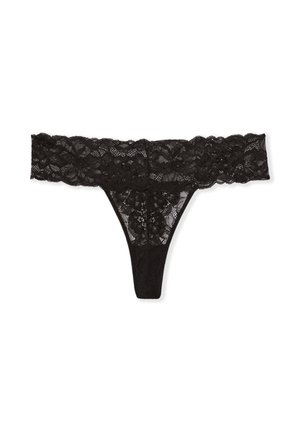 String noir en dentelle avec un motif floral et une large ceinture en dentelle décorative. Offre une couverture minimale et un panneau arrière lisse.