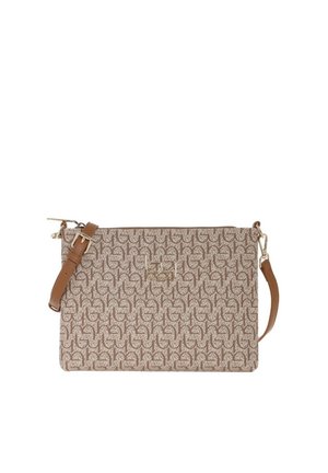 Borsa tracolla rettangolare beige con motivo monogramma marrone, tracolla marrone regolabile e emblema logo metallico al centro frontale.