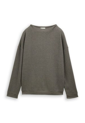 T-shirt à manches longues en tricot gaufré gris avec un large col et des épaules tombantes. Dispose de poignets côtelés et d'une coupe décontractée.