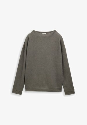 Szary top z długim rękawem o splocie waffle, z szerokim dekoltem i obniżonymi ramionami. Posiada prążkowane mankiety i luźny krój.