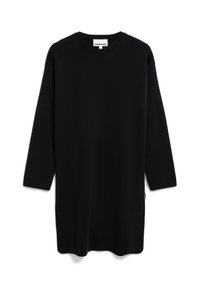 Robe-pull noire à manches longues avec un col rond. Caractéristiques d'une coupe droite et fentes latérales. Fabriquée en matière tricotée douce.