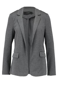 Šedý blazer vyrobený z texturované tkaniny, s jedním knoflíkem, klopovým límcem a dvěma předními kapsami.