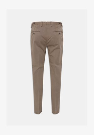 Khaki Chinos mit schlanker Passform, aus einer glatten Baumwollmischung, zwei Gesäßtaschen mit Reißverschlüssen und einem geknöpften Bund.