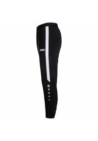 Pantalons de sport noirs avec une bande latérale blanche, comportant un logo, des poches zippées et des détails en bouton au niveau de la cheville. Fabriqués en tissu léger.