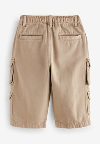 Beige cargo shortsit, joissa on joustava vyötärö, kaksi takataskua ja sivutaskut. Kangas on sileä ja kestävä.