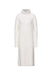 Abito a maglia di colore crema con collo alto a dolcevita, maniche lunghe e spacchi laterali; realizzato in un materiale morbido e testurizzato.