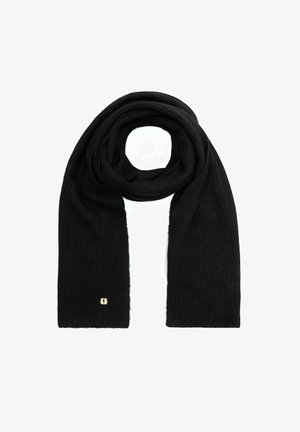 Czarna żebrowana chusta wykonana z miękkiego materiału o gładkiej fakturze, z złotym akcentem logo na jednym końcu. Ukształtowana dla wygodnego noszenia.