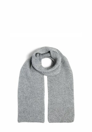 Szary dzianinowy szalik o ribbowej teksturze, z ciągłą pętlą na jednym końcu i długimi, prostymi końcami, zapewniającymi wszechstronność stylizacji.