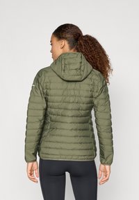 Tumši zaļš pūkains jaka ar kapuci, ar horizontālām šuvēm, slaida piegrieztne un elastīgām piedurknēm. Saskaņota ar melnām legingām.