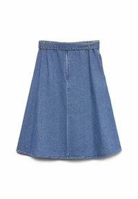 Jasnoniebieska spódnica dżinsowa, o rozszerzanym kształcie, z pasem w talii i prostym dołem. Na froncie znajduje się przeszycie.
