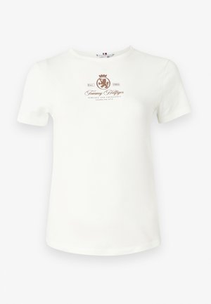 Tricou alb din bumbac, cu guler rotund, mâneci scurte și un logo imprimat maro în centrul căruia se află o coroană.