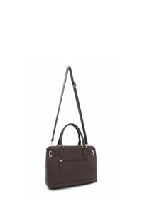 Borsa a mano in pelle marrone con superficie testurizzata, doppi manici e tracolla rimovibile. Presenta una tasca con cerniera sul davanti.