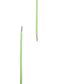 Light green shoelaces, made of textured fabric, feature a smooth finish with flat ends. Each lace has a small logo tag near the tip.