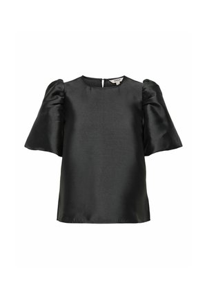 Zwarte satijnen blouse met geplooide korte mouwen en een ronde halslijn, met een knoopsluiting aan de achterkant en een gladde afwerking.
