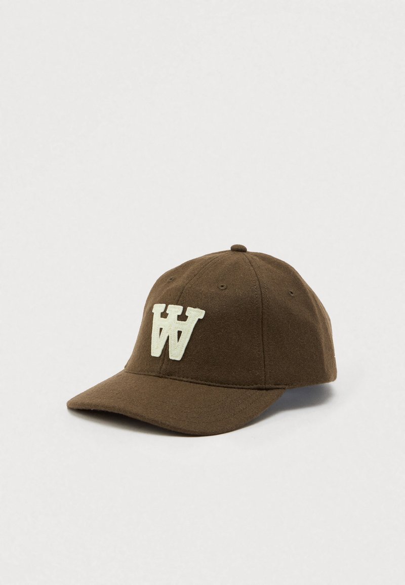 Brown wool baseball cap featuring a cream colored "W" emblem on the front. Rounded crown and curved visor with stitched detailing.