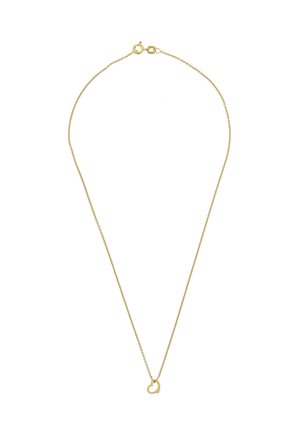 Delicate gold chain necklace with a small open heart-shaped pendant and a spring ring clasp on a white background.