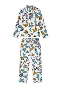 Pyjamaset i bomull med vit bakgrund och färgglada mönster av alligatorer i teal, gult och lila. Inkluderar långärmad topp och byxor.
