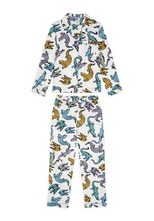 Set di pigiama in cotone con sfondo bianco e motivi colorati di alligatori in turchese, giallo e viola. Include una maglia a maniche lunghe e pantaloni.