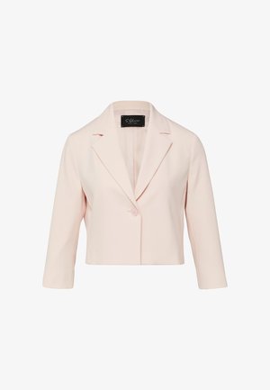 Lichtroze cropped blazer met een drukknoopsluiting, ingezette revers en driekwart mouwen.