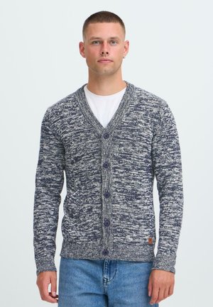 Hombre con pelo corto, vistiendo una camiseta blanca debajo de un cárdigan abotonado azul y blanco jaspeado y jeans azules, de pie contra un fondo sencillo.