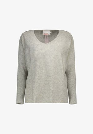 Maglione in cashmere grigio chiaro con scollatura a V, maniche lunghe e dettagli a coste sulle maniche. Tessuto morbido con una vestibilità rilassata.