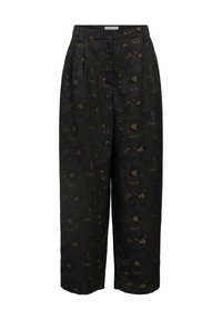 Schwarze Hose mit floralem Muster in Brauntönen und Gold. Sie hat eine hohe Taille, Falten und ein weites, gerades Bein-Design.
