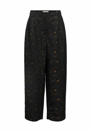 Schwarze Hose mit floralem Muster in Brauntönen und Gold. Sie hat eine hohe Taille, Falten und ein weites, gerades Bein-Design.