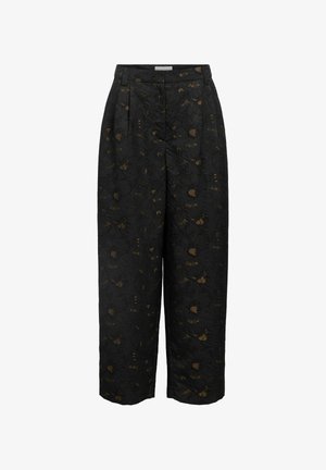 Sorte bukser med et blomsterdesign i nuancer af brun og guld. Har en høj talje, plisseringer og et bredt, lige ben-design.