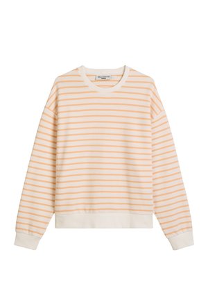 Bluza w paski w kolorze kremowym i jasnopomarańczowym. Długie rękawy, okrągły dekolt, ściągacze na mankietach i dolnym brzegu, miękka bawełniana tkanina, luźny krój.