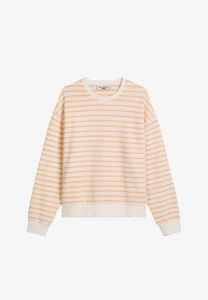 Bluza w paski w kolorze kremowym i jasnopomarańczowym. Długie rękawy, okrągły dekolt, ściągacze na mankietach i dolnym brzegu, miękka bawełniana tkanina, luźny krój.