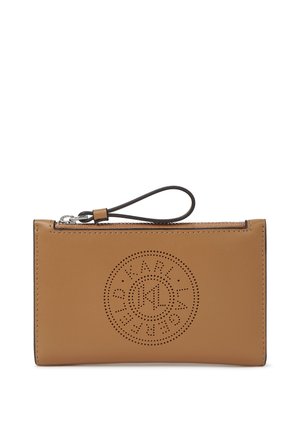 Tan leather wallet with a zip closure, featuring a cut-out circular logo design. Includes a sturdy wrist strap for easy carrying.