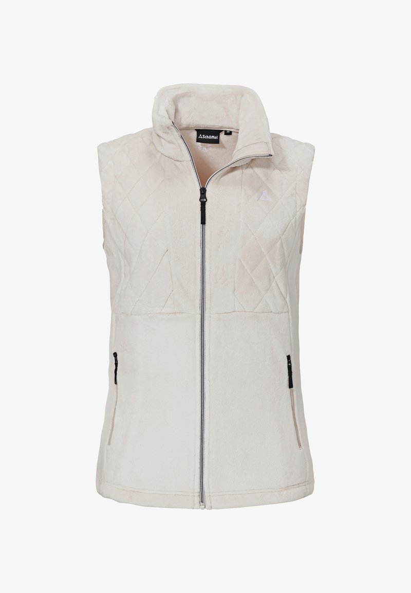 Krémová vesta vyrobená z měkkého, prošívaného fleecu. Má vysoký límec, přední zip a dvě boční kapsy s černými zipy.