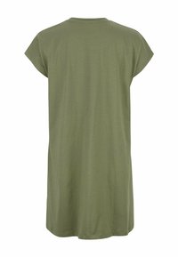 Olive green t-shirt dress made of soft jersey fabric, featuring cap sleeves, a round neckline, and a straight cut with no embellishments.