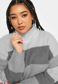 Grau und hellgrau gestreifter Rollkragenpullover mit gerippter Textur, lange Ärmel und lässiger Passform. Glattes Strickmaterial.