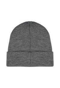 Gray knitted beanie with a folded cuff, featuring a smooth texture and simple design. No visible patterns or embellishments.