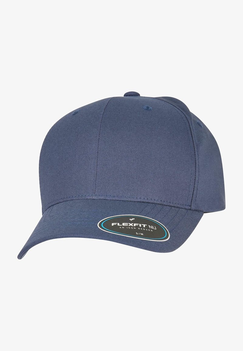 Navy blue baseball cap made of smooth fabric with a structured crown, curved brim, and a round, labeled tag on the front.