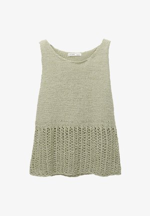 Brede groene gebreide top met een ronde halslijn. Kenmerkt zich door een textuur in het bovenste gedeelte en een losse, opengeweven onderzoom.